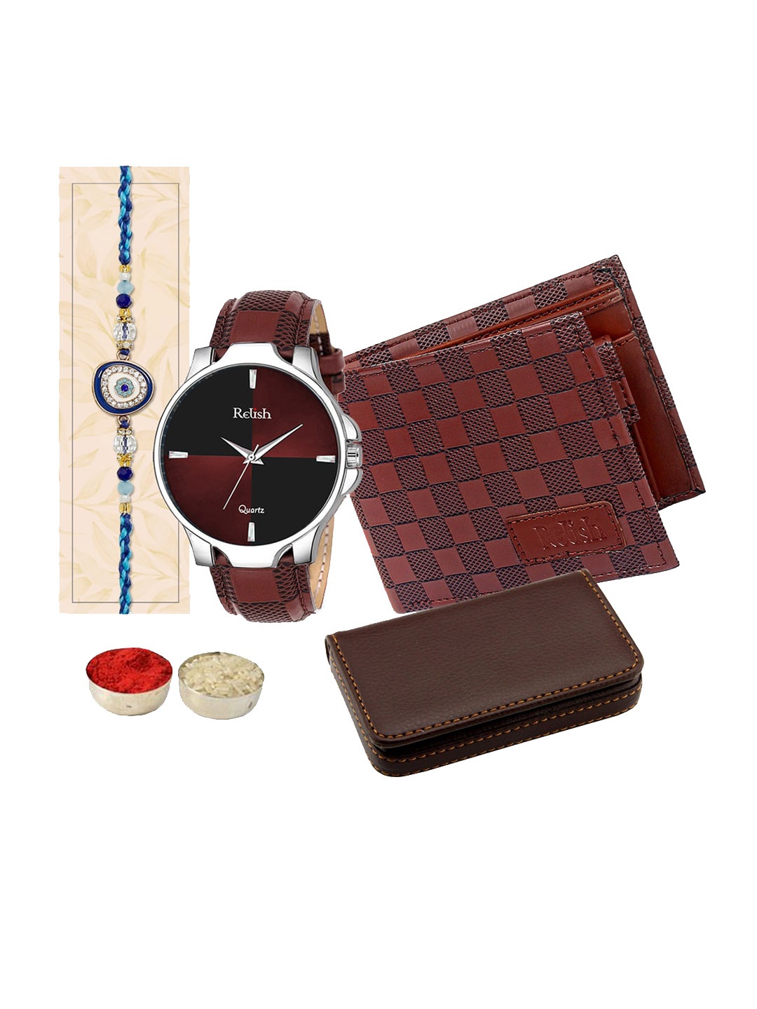 

Relish Evil-Eye Charm Rakhi With Roli Chawal, Watch, Wallet & Cardholder, Brown