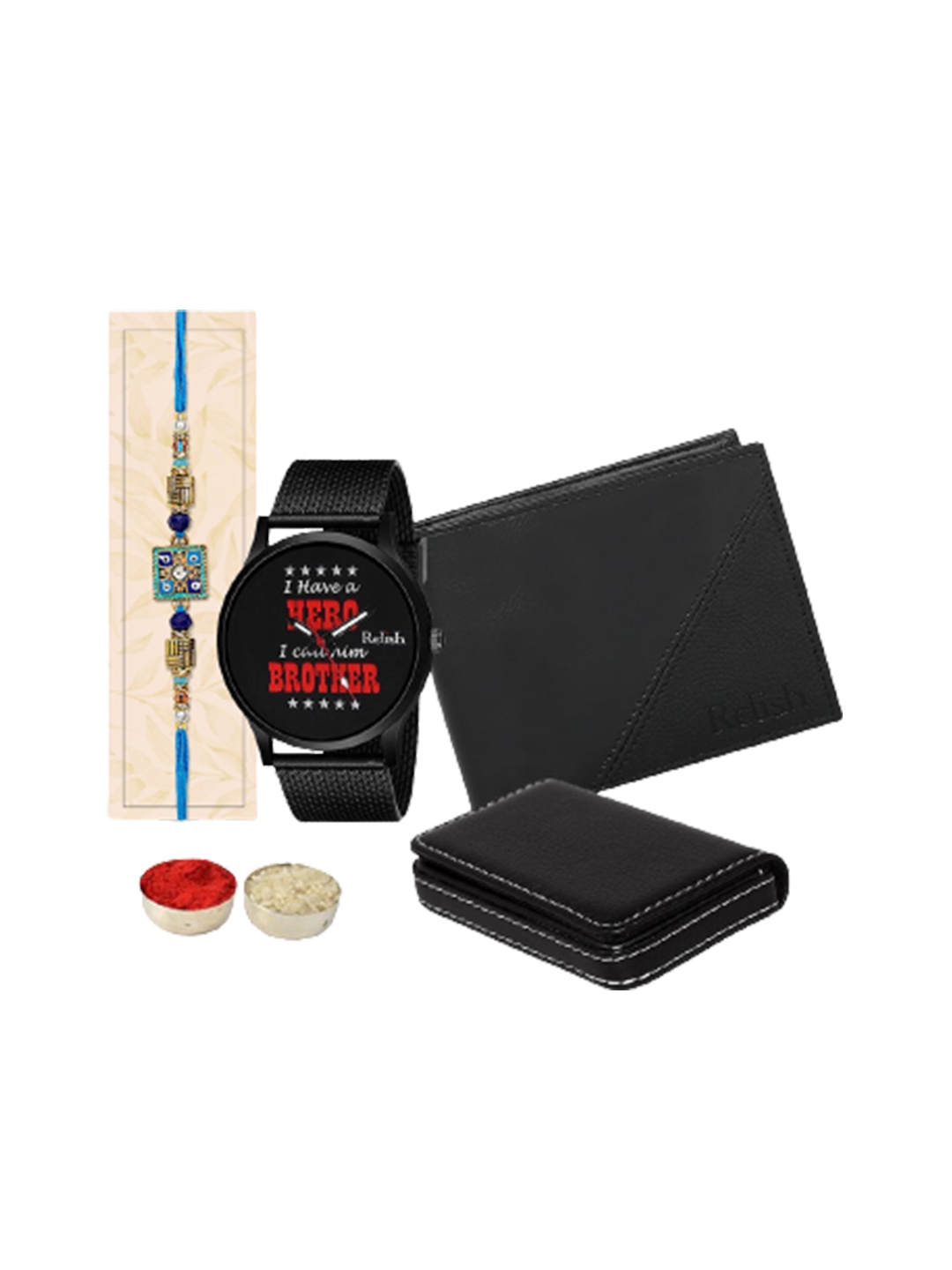 

Relish Evil Eye Stone-Studded Charm Thread Rakhi With Roli Chawal, Watch & Wallet, Black