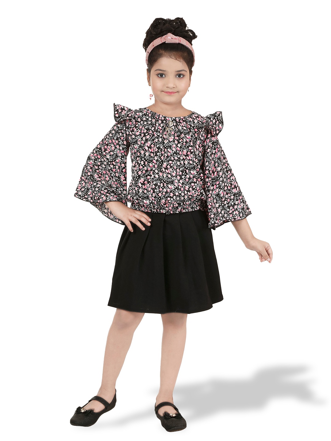 BAESD Floral Printed Flared Sleeve Top with Skirt, Black