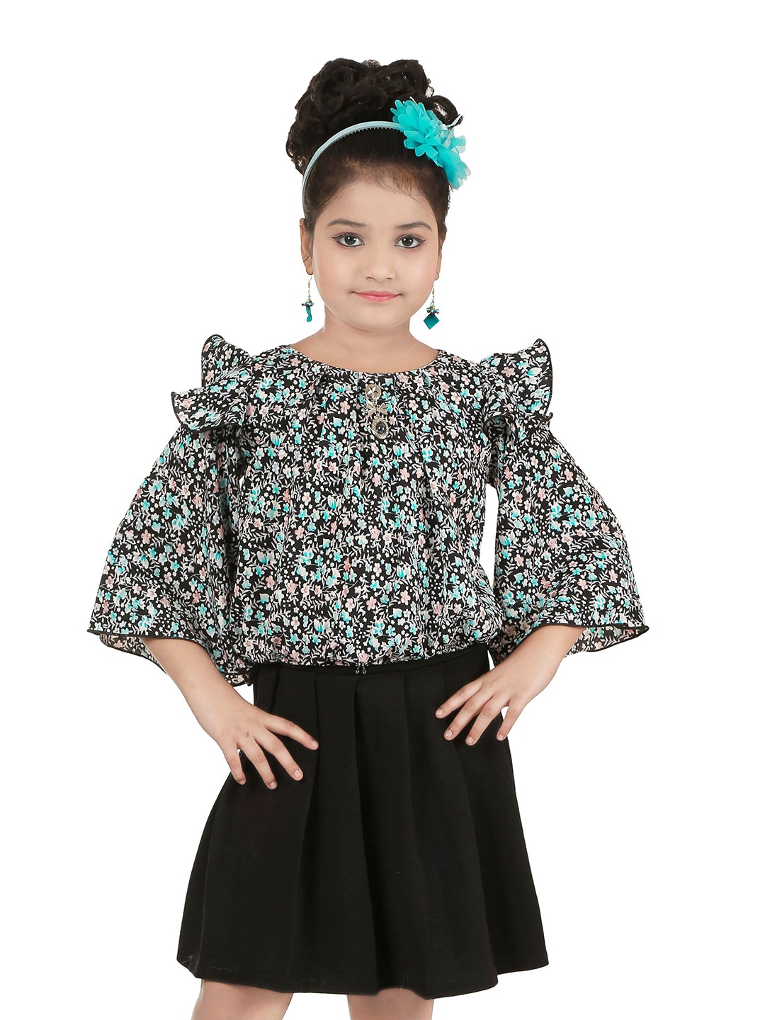 

BAESD Girls Floral Printed Flared Sleeves Top with Skirt, Black