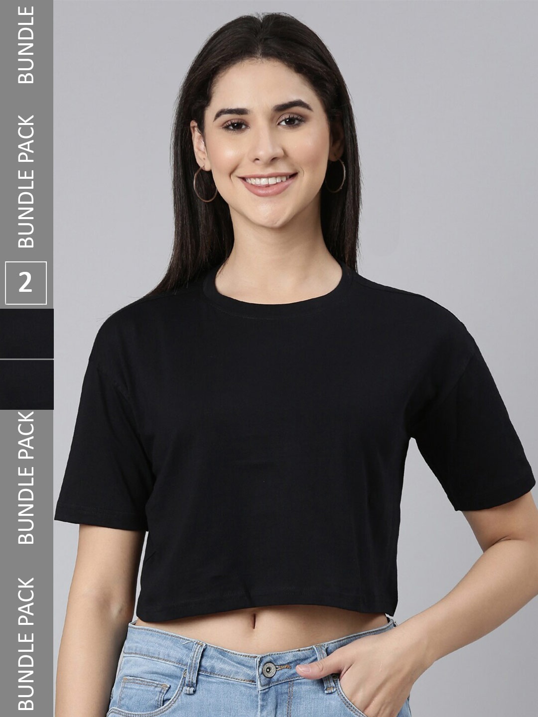 

Kryptic Pack Of 2 Drop Shoulder Sleeves Cotton Crop T-shirt, Black