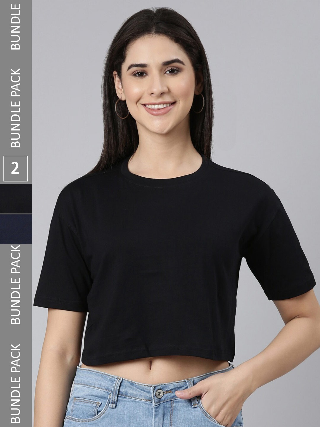 

Kryptic Pack Of 2 Drop Shoulder Sleeves Cotton Crop T-shirt, Black