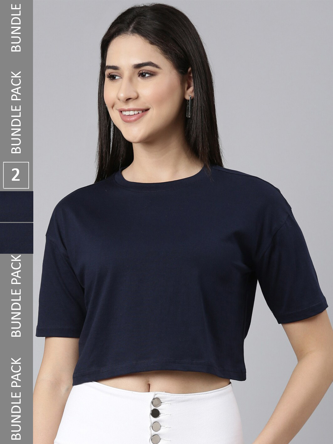 

Kryptic Pack Of 2 Drop Shoulder Sleeves Cotton Crop T-shirt, Navy blue