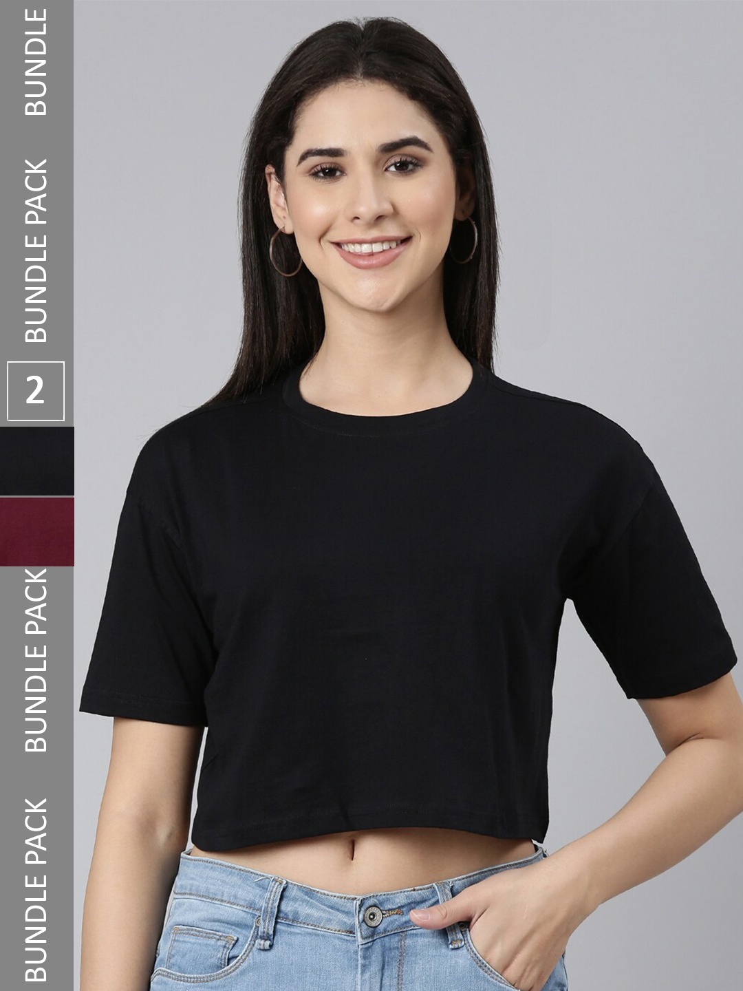 

Kryptic Pack Of 2 Drop Shoulder Sleeves Cotton Crop T-shirt, Black