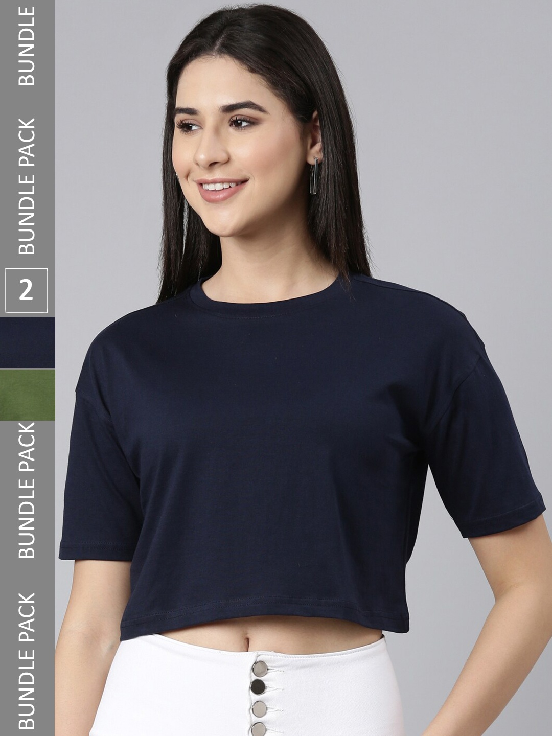 

Kryptic Pack Of 2 Round Neck Relaxed Fit Crop Cotton Casual T-Shirts, Navy blue