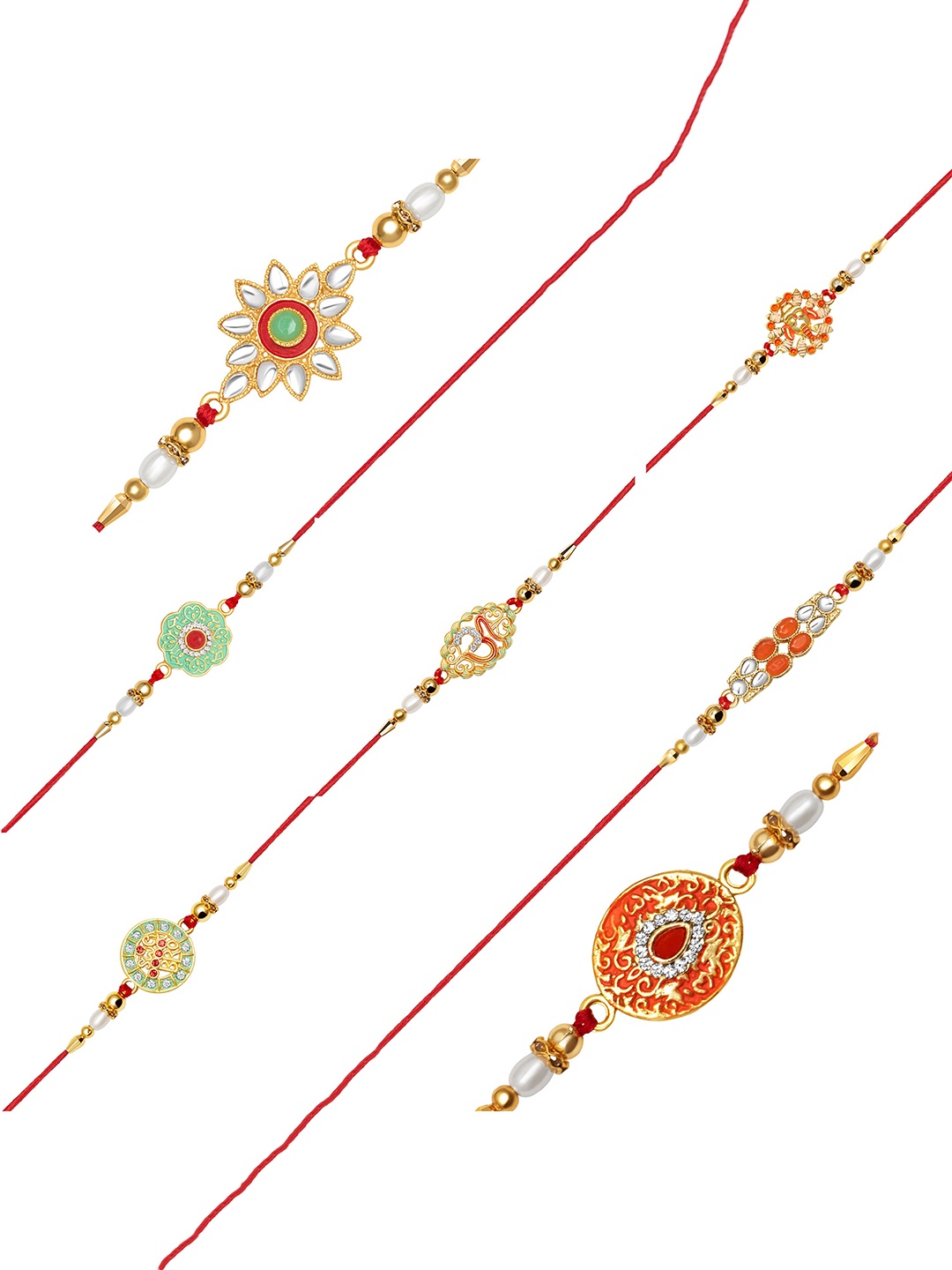 

Kord Store Set Of 7 Stone-Studded & Beaded Rakhi, Red