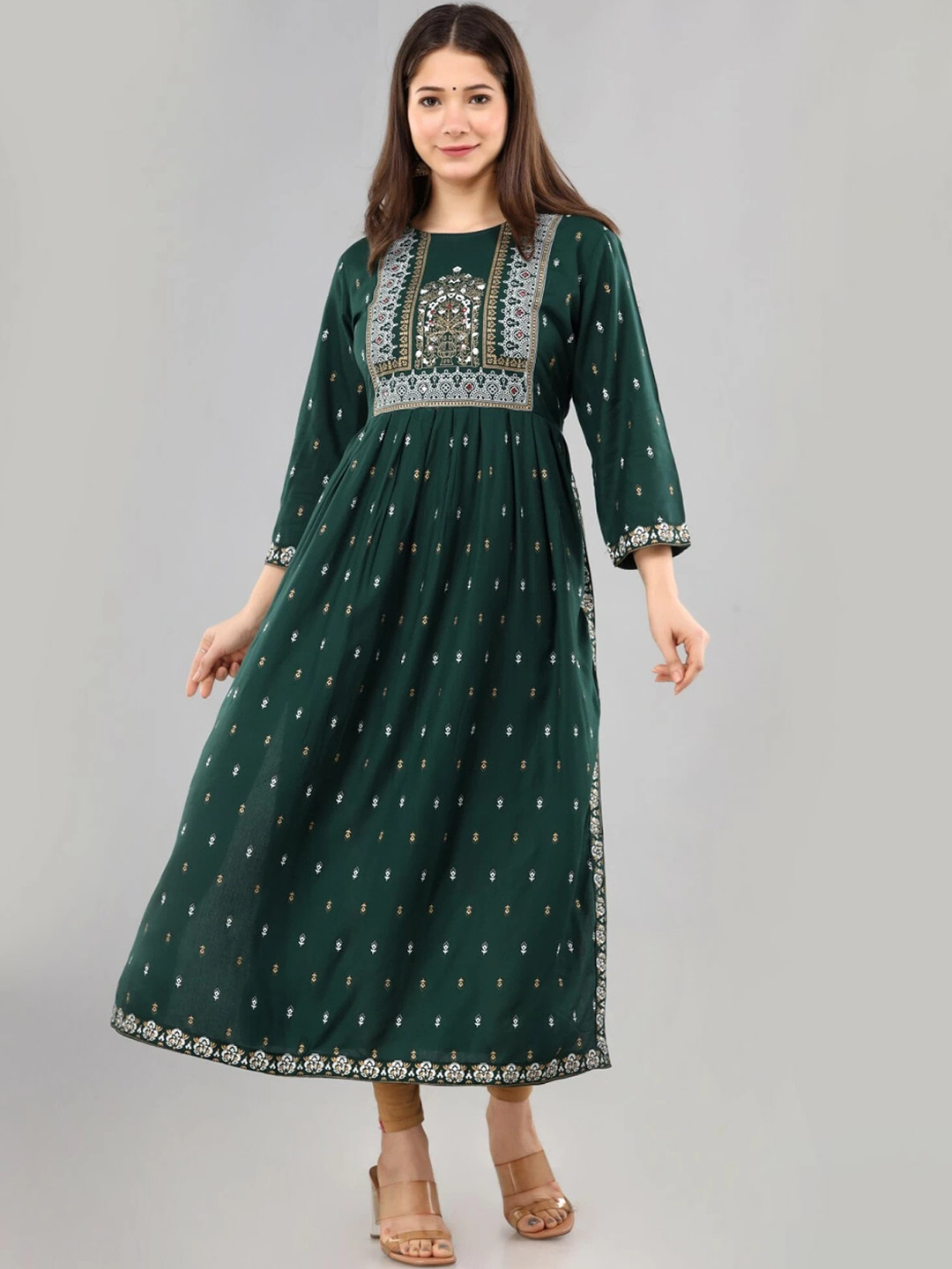 

MARISY Ethnic Motifs Printed A-Line Kurta, Green
