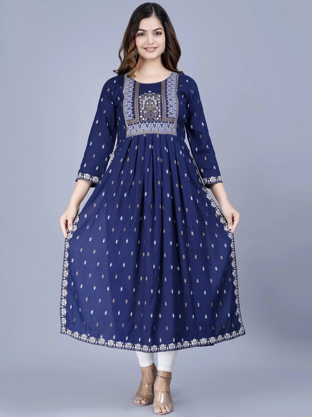 

MARISY Ethnic Motifs Printed Kurta, Navy blue