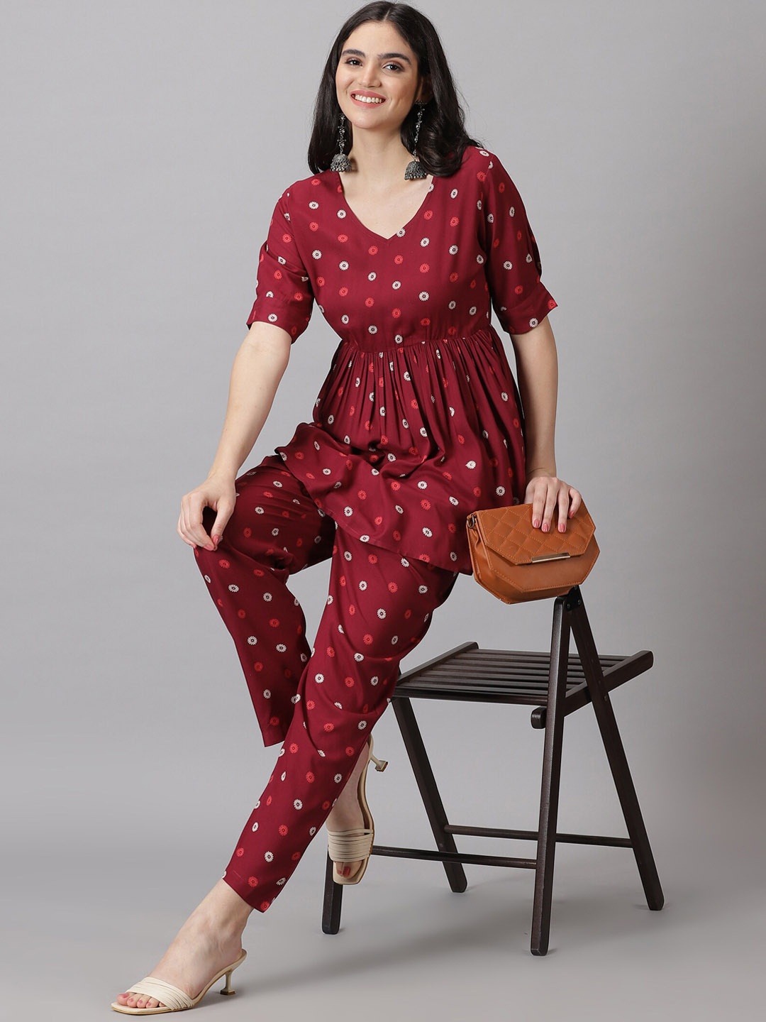 

PURSHOTTAM WALA Printed Tunic & Trousers Set, Maroon