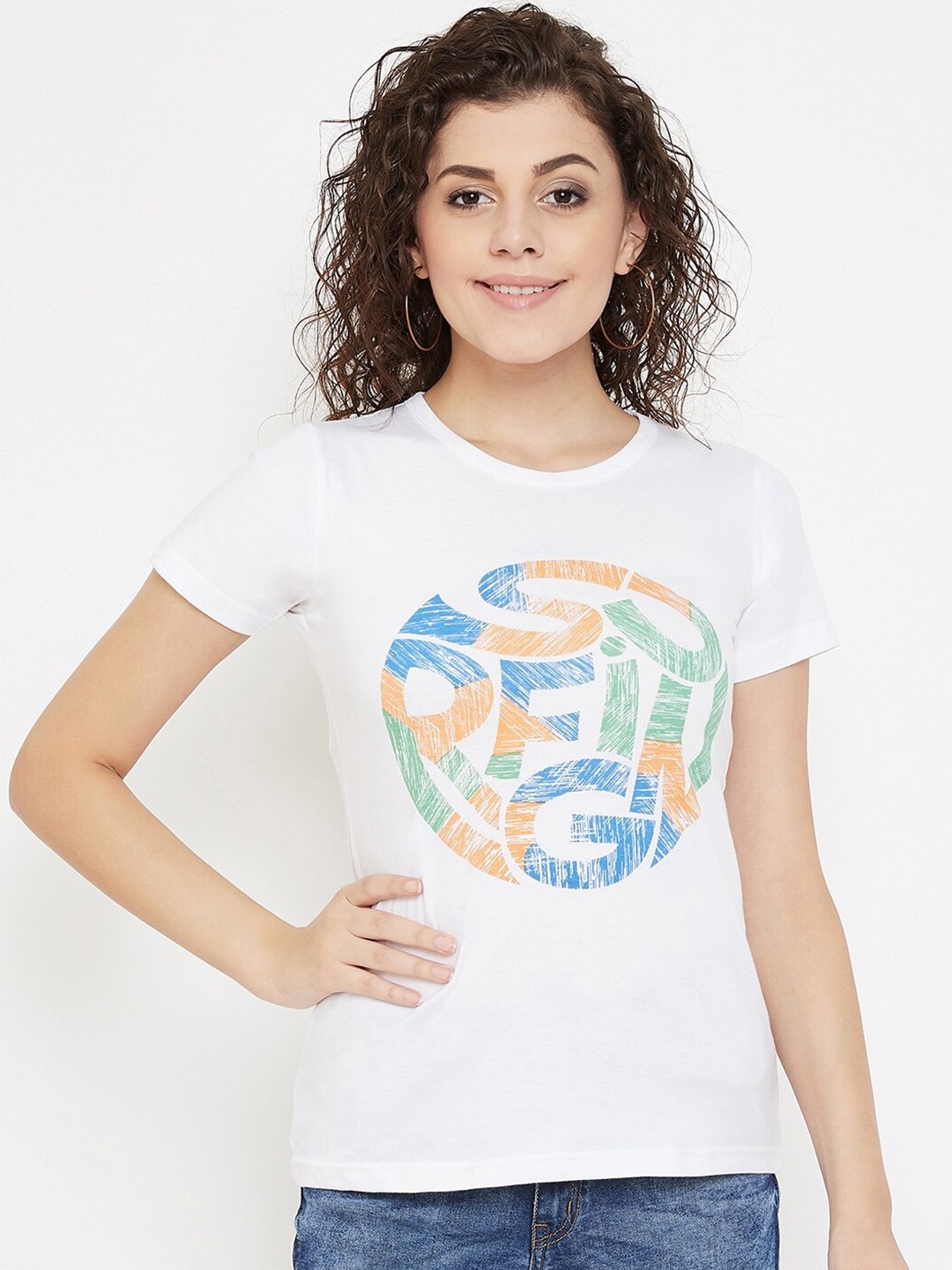 

Purple Feather Typography Printed Slim Fit Cotton Casual T-Shirt, White