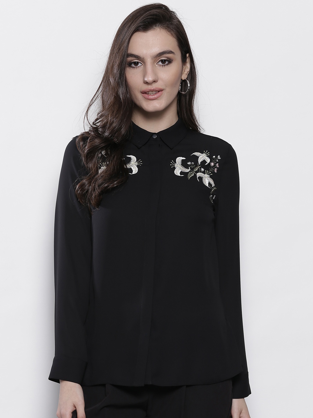 

DOROTHY PERKINS Women Black Shirt with Embroidered Detail