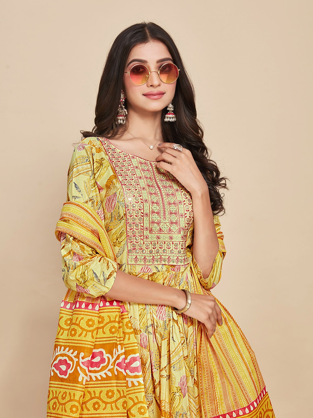 

Sangria Floral Printed Thread Work Pure Cotton A-Line Kurta With Trouser & Dupatta, Yellow