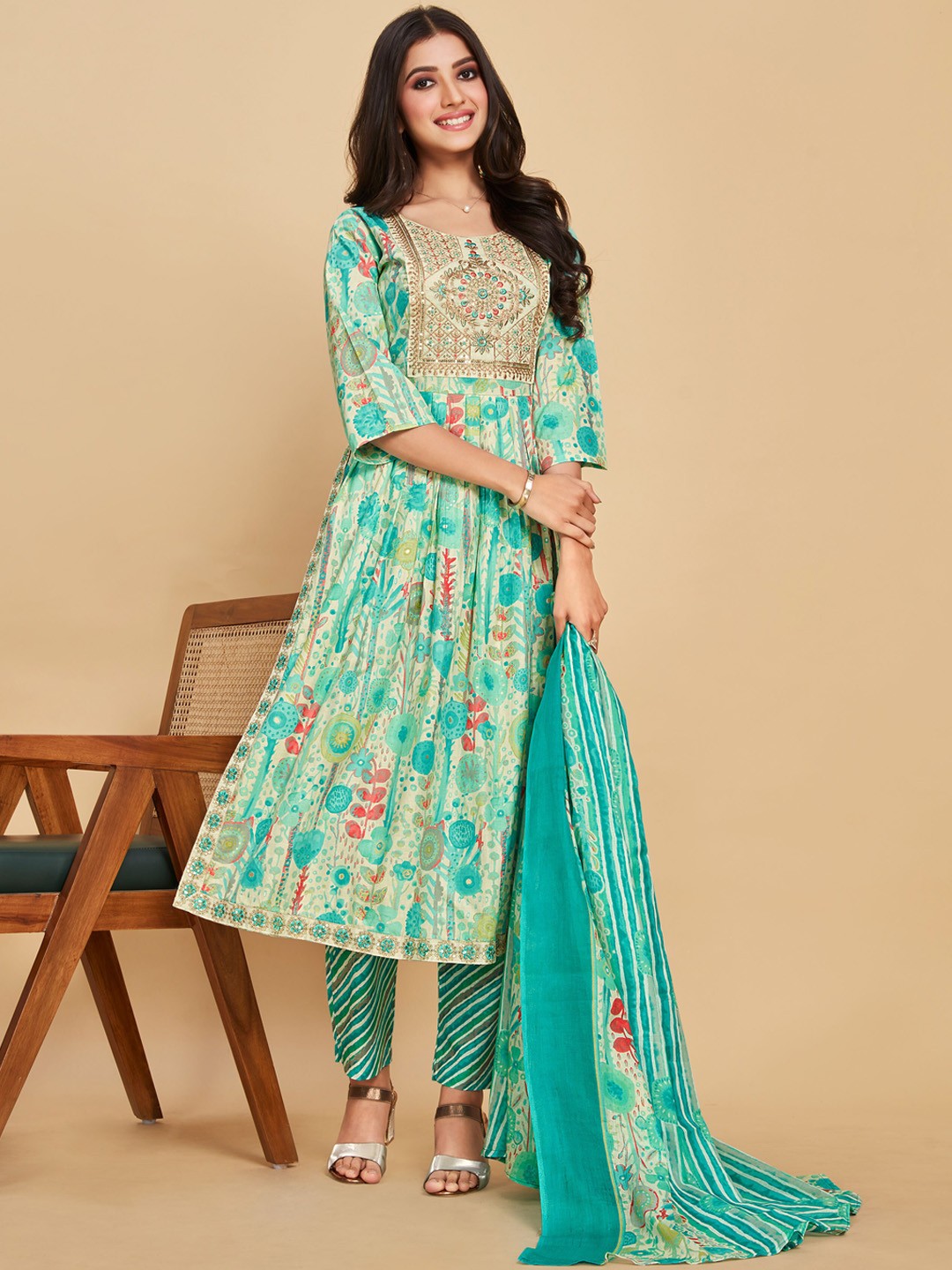 

Sangria Floral Printed Pure-Cotton Thread Work A-Line Kurta With Trouser & Dupatta, Cream