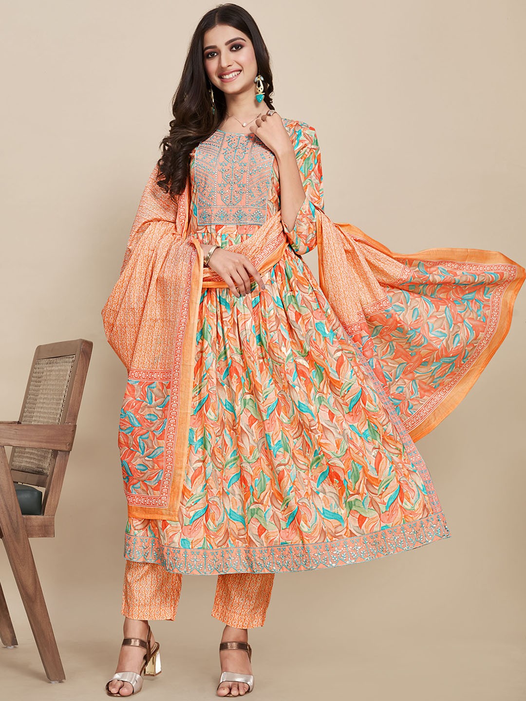 

Sangria Floral Printed Thread Work Pure-Cotton A-Line Kurta With Trouser & Dupatta, Orange