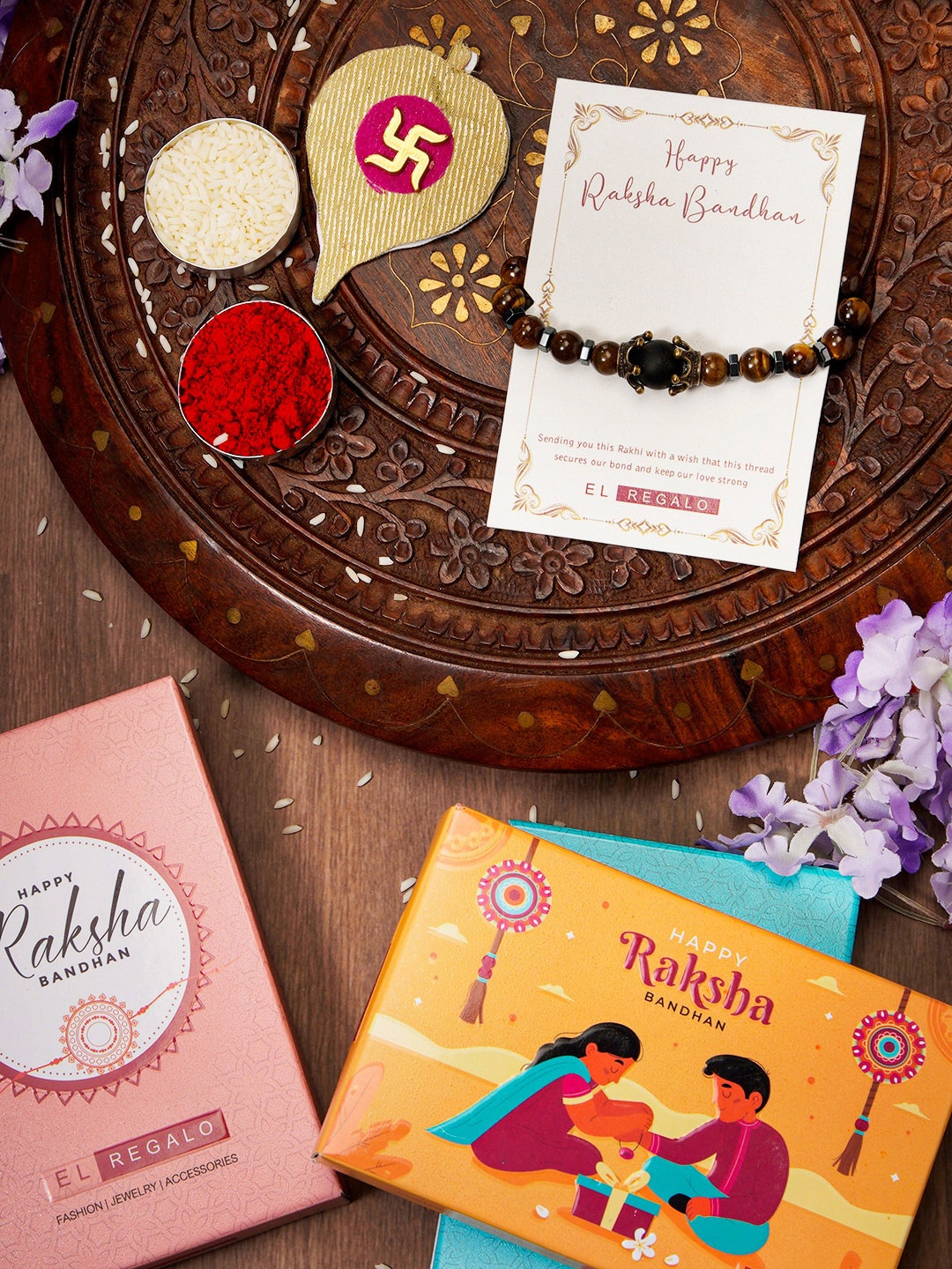 

EL REGALO Men Beads Charm Rakhi With Roli Chawal & Greeting Card, Brown