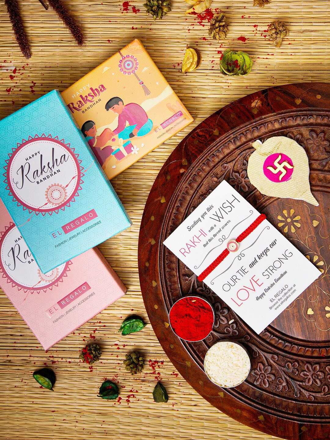

EL REGALO Evil Eye Name Initial Rakhi With Roli chawal Card, Red