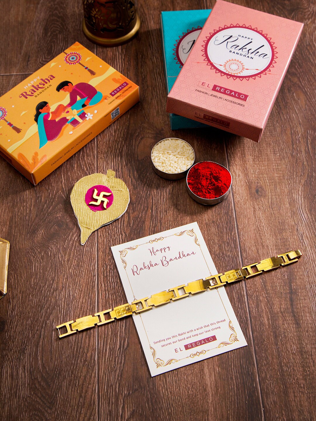

EL REGALO Stainless Steel Bracelet Rakhi With Roli Chawal & Greeting Card, Gold