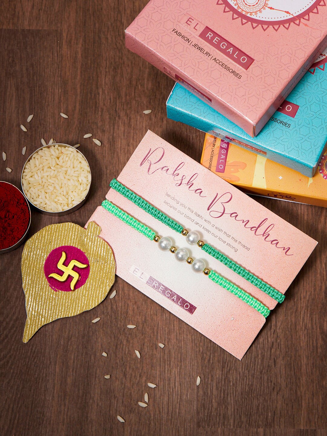 

EL REGALO Set Of 2 Pearl Bhaiya & Bhabhi Rakhi Combo With Roli Rice, Green