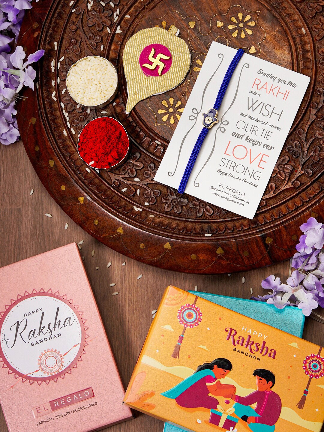 

EL REGALO Evil Eye Name Initial Rakhi With Roli chawal Card, Blue