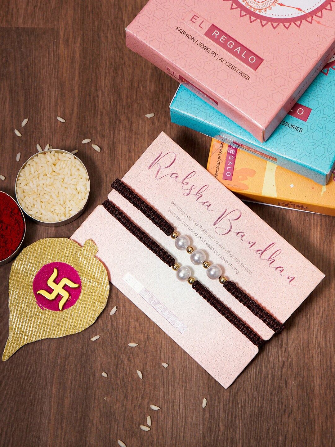 

EL REGALO Set Of 2 Pearl Bhaiya and Bhabhi Rakhi With Roli Rice, Coffee brown