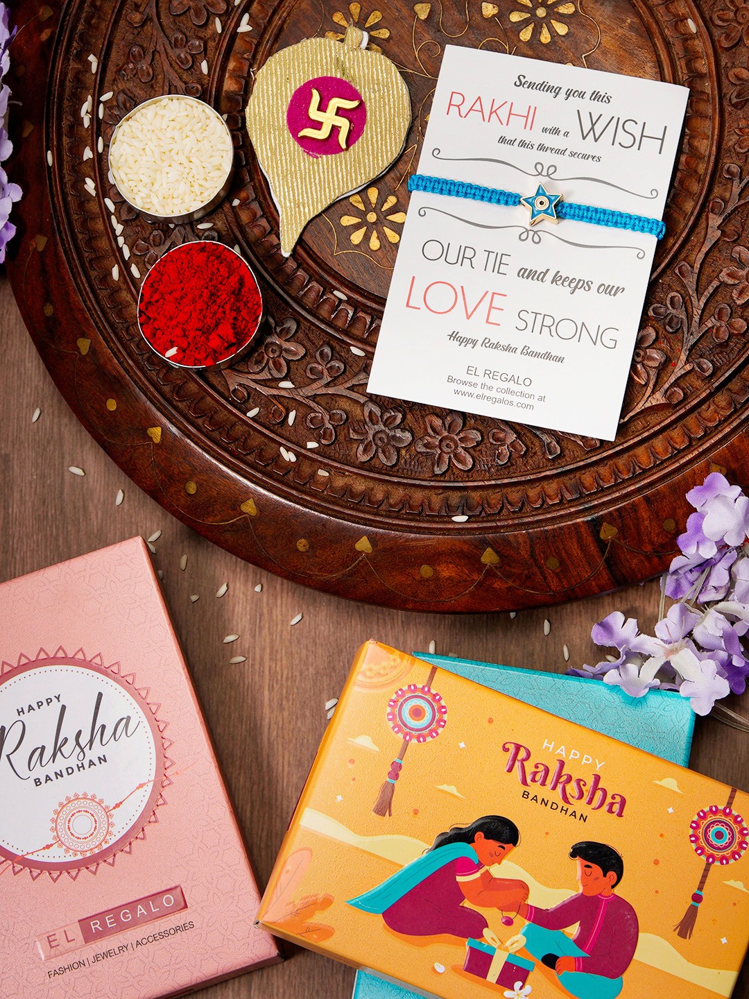

EL REGALO Evil Eye Name Initial Rakhi With Roli chawal Card, Blue