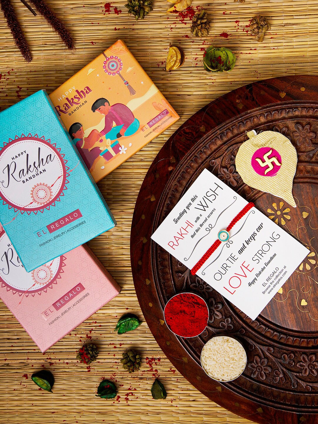 

EL REGALO Evil Eye Name Initial Rakhi With Roli chawal Card, Red