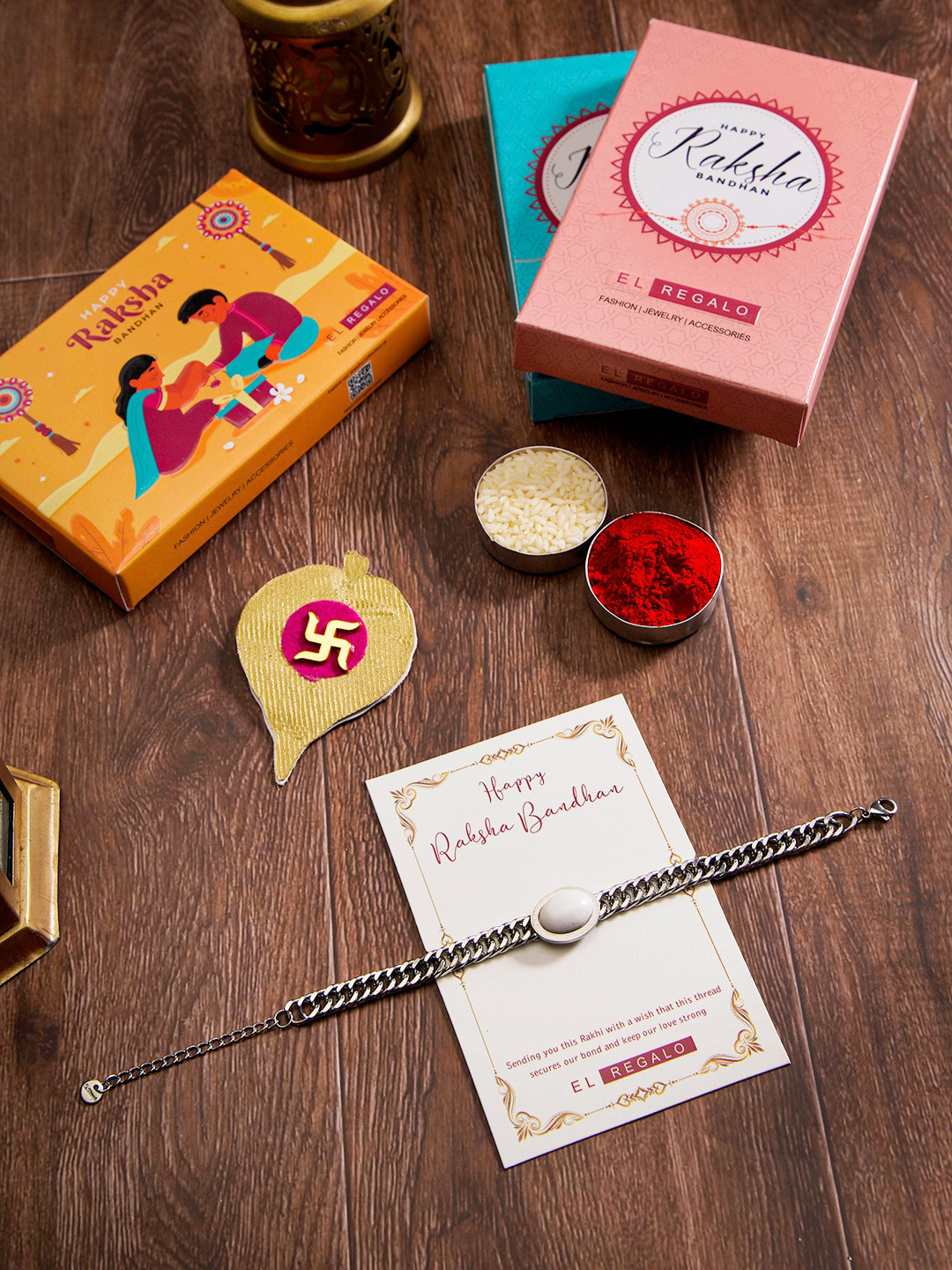 

EL REGALO Wraparound Stainless Steel Rust Free Rakhi With Roli Rice Greeting Card, Silver