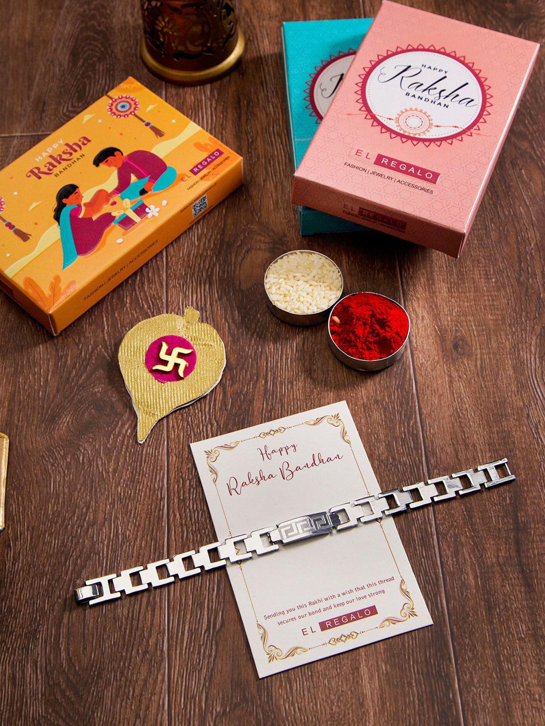 

EL REGALO Wraparound Stainless Steel Rakhi With Roli Chawal Card, Silver