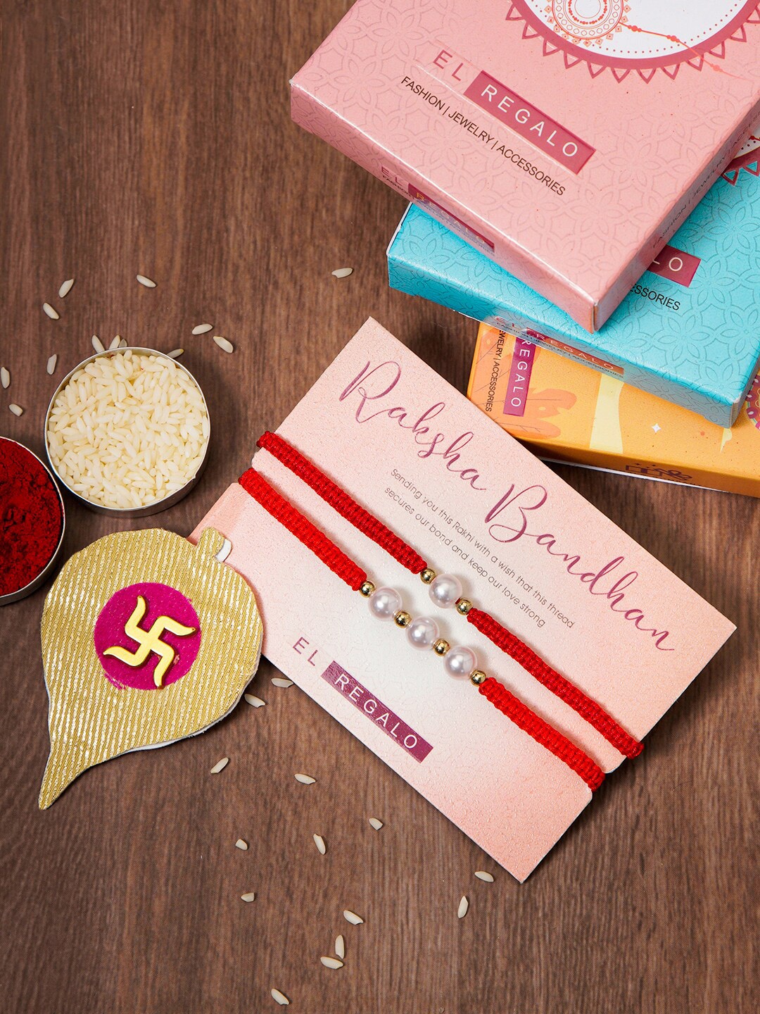 

EL REGALO Set Of 2 Bhaiya and Bhabhi Rakhi with Roli rice, Red