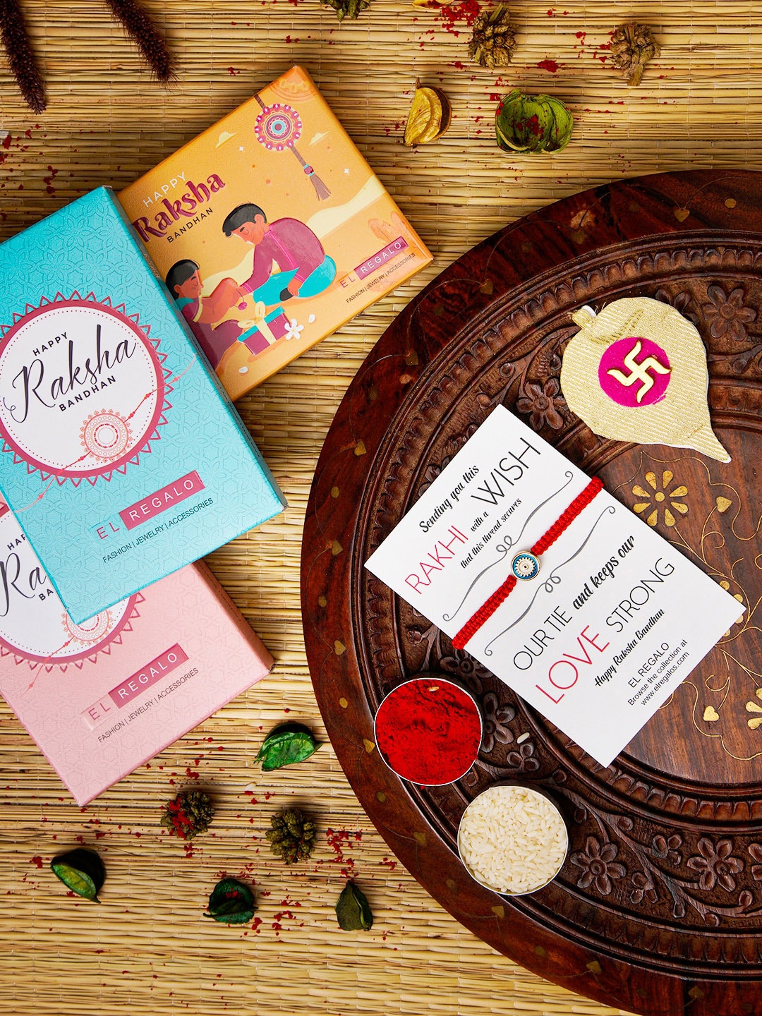 

EL REGALO Evil Eye Name Initial Rakhi With Roli chawal Card, Red