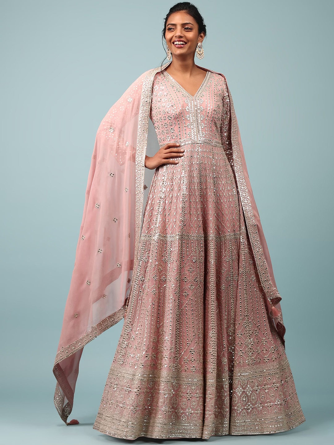 

KALKI Fashion Ethnic Motifs Embroidered Mirror Work Georgette Anarkali Kurta Set, Pink
