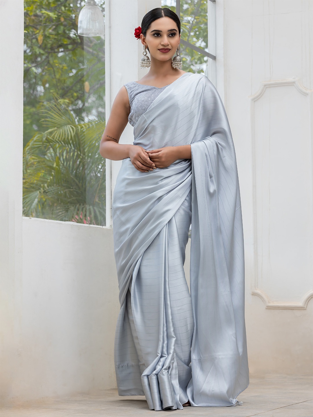 

Swtantra Striped Satin Saree With Embroidered Blouse, Grey