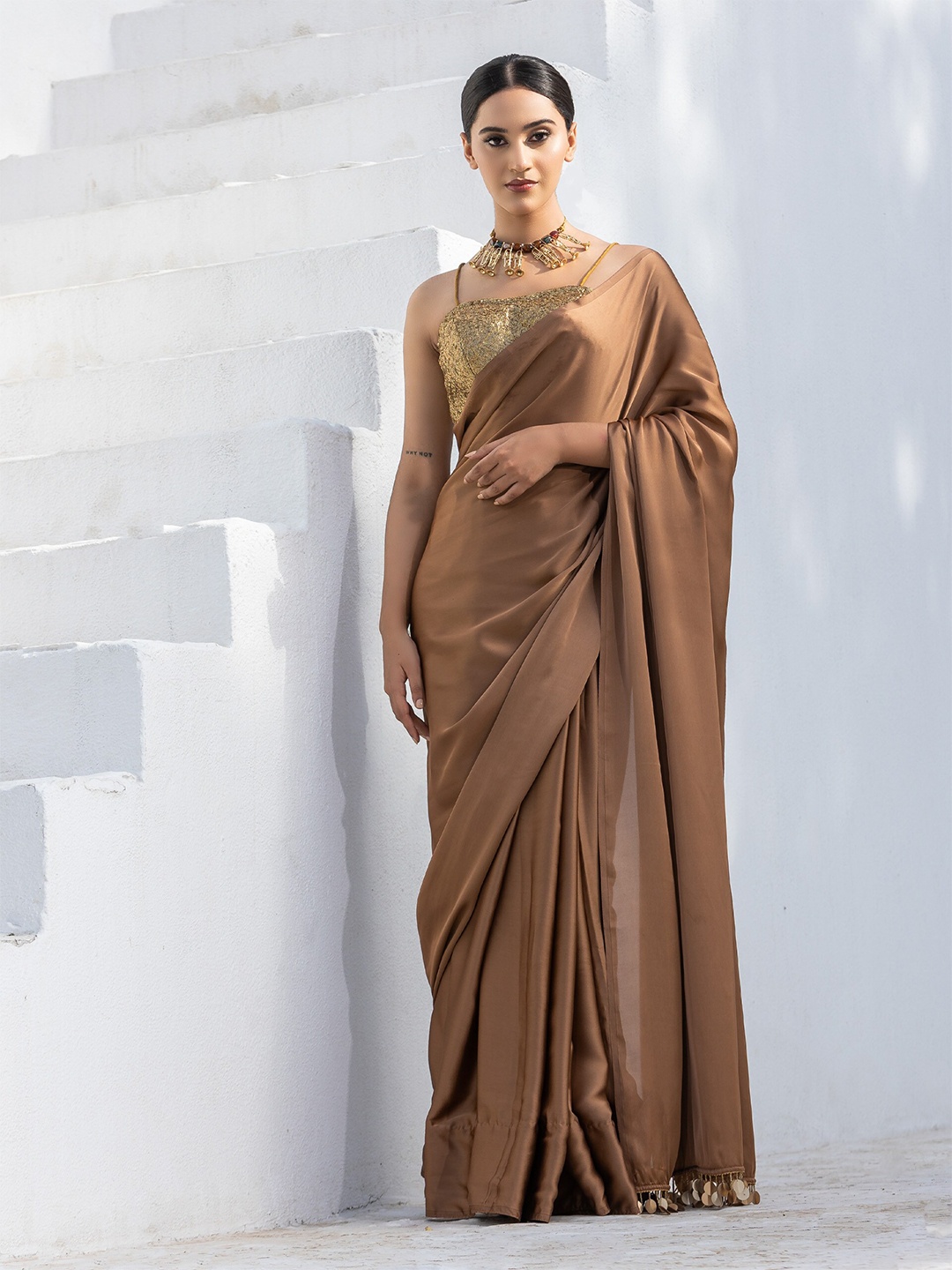 

Swtantra Gold Coin Lace Satin Saree, Brown