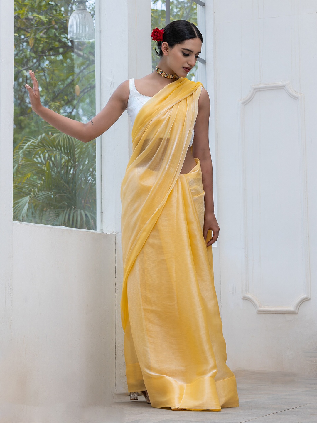 

Swtantra Pure Chiffon Saree With Lace, Yellow