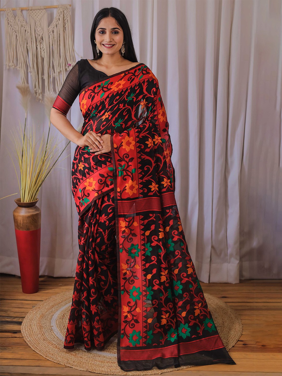 

Mitera Red & Black Floral Woven Design Silk Cotton Jamdani Saree