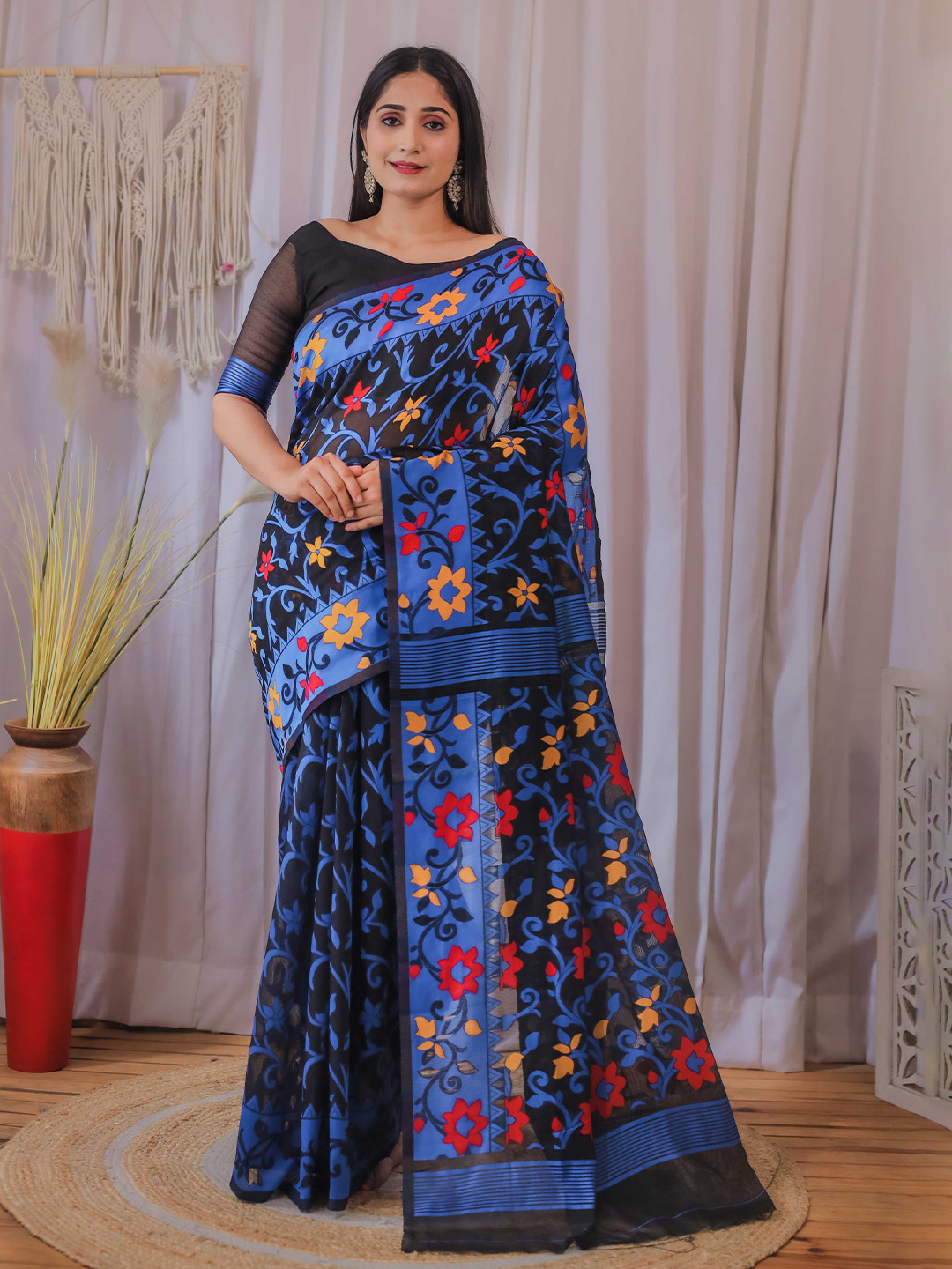 

Mitera Blue & Pink Floral Woven Design Silk Cotton Jamdani Saree