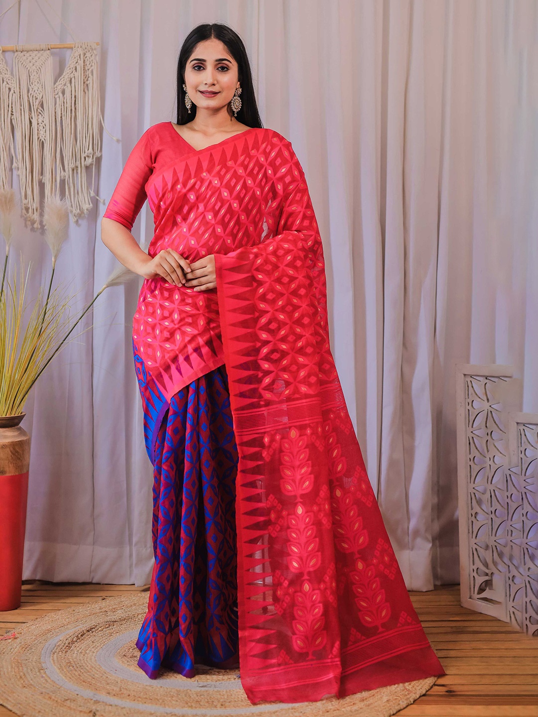 

Mitera Pink & Blue Woven Design Silk Cotton Jamdani Saree