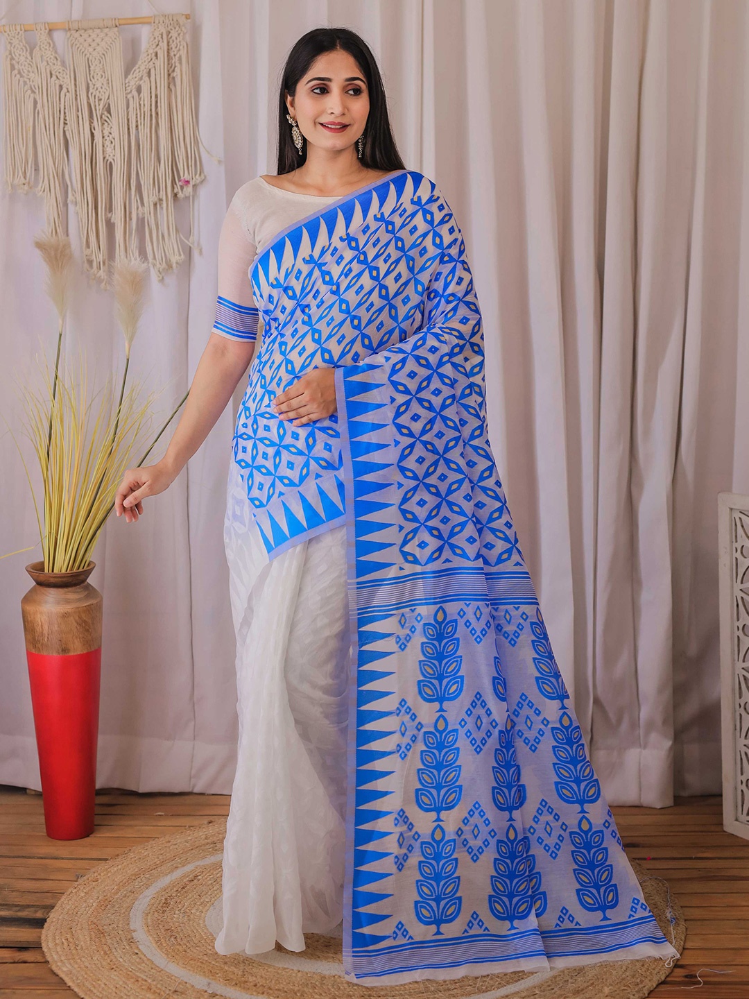 

Mitera Blue & White Geometric Woven Design Silk Cotton Jamdani Saree