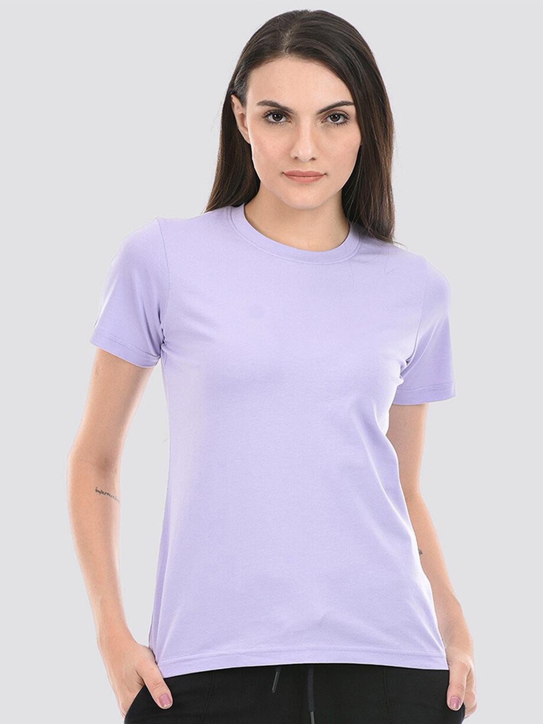 

ONEWAY Women Solid Cotton Round Neck T-Shirt, Purple