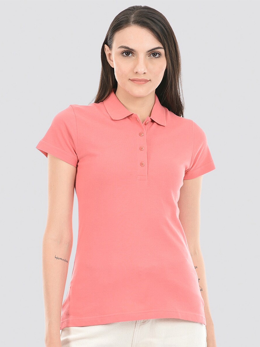 

ONEWAY Women Cotton Polo Collar T-Shirt, Pink