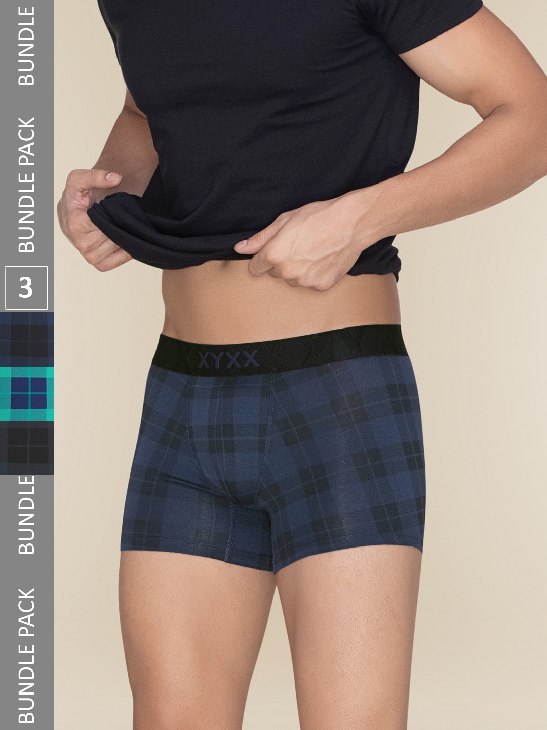 

XYXX Men Pack Of 3 Checked Cotton Trunks XYTRNK3PCKN983, Black