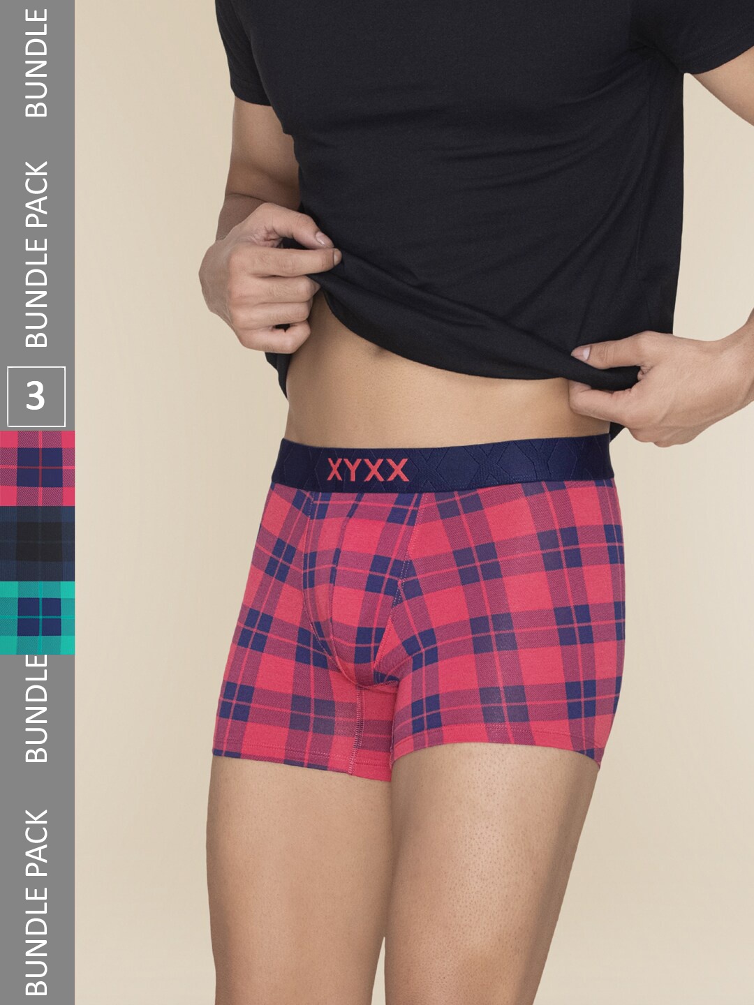 

XYXX Pack Of 3 Checked Ultra-Soft Trunks XYTRNK3PCKN989, Pink
