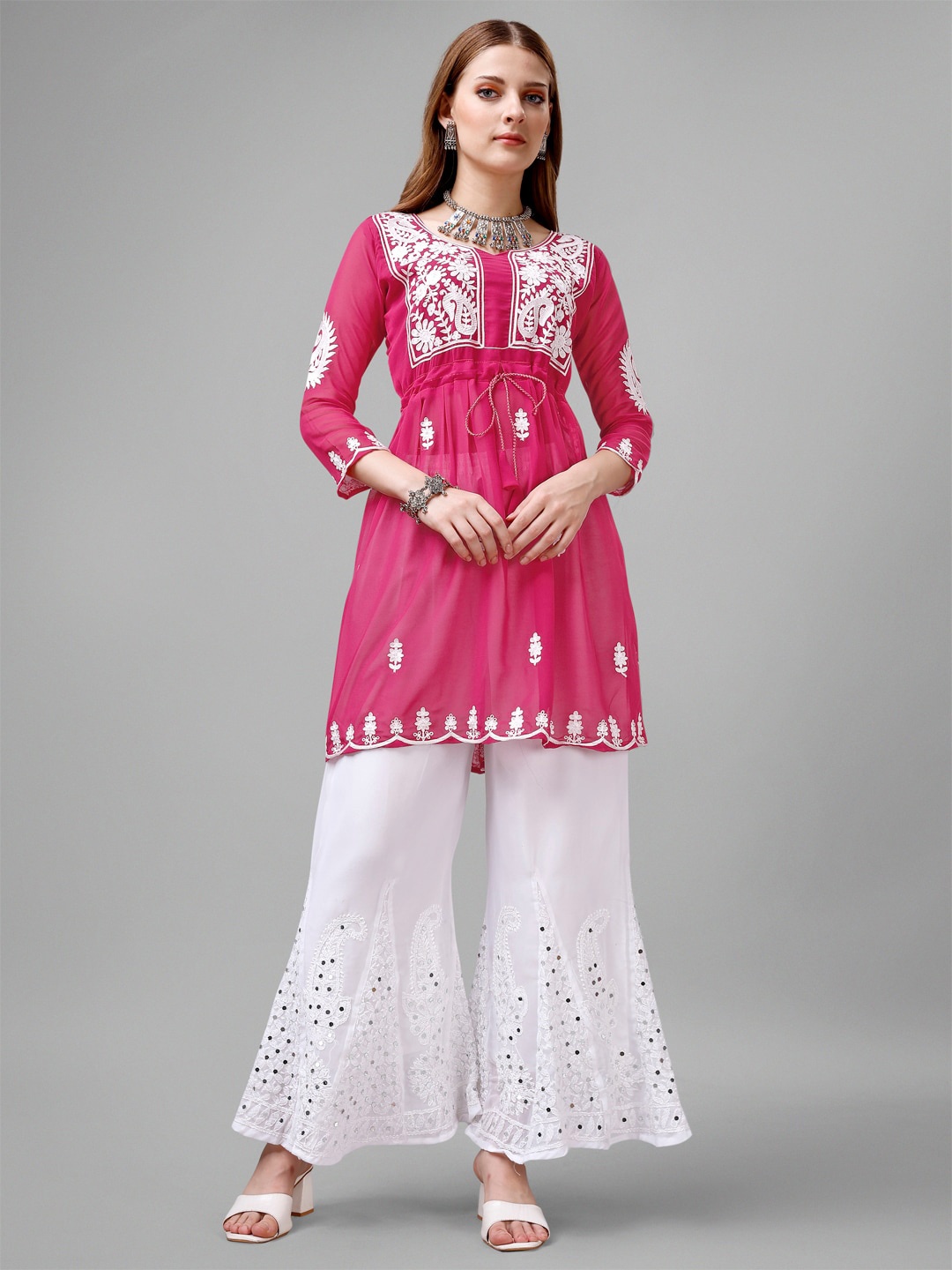 

wearial Floral Embroidered Chikankari Pure Georgette A-Line Kurti, Pink