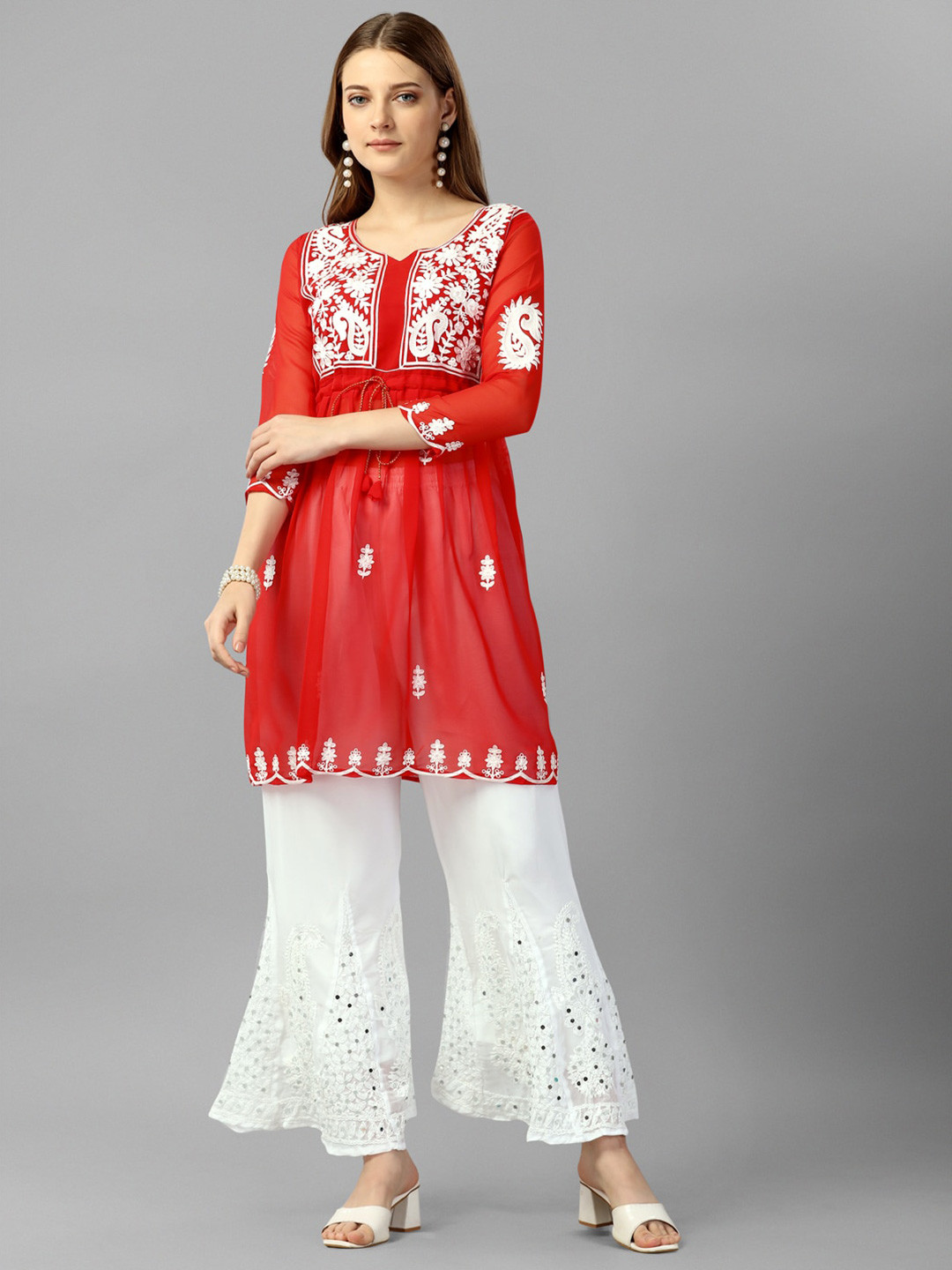 

wearial Floral Embroidered Chikankari Pure Georgette A-Line Kurti, Red