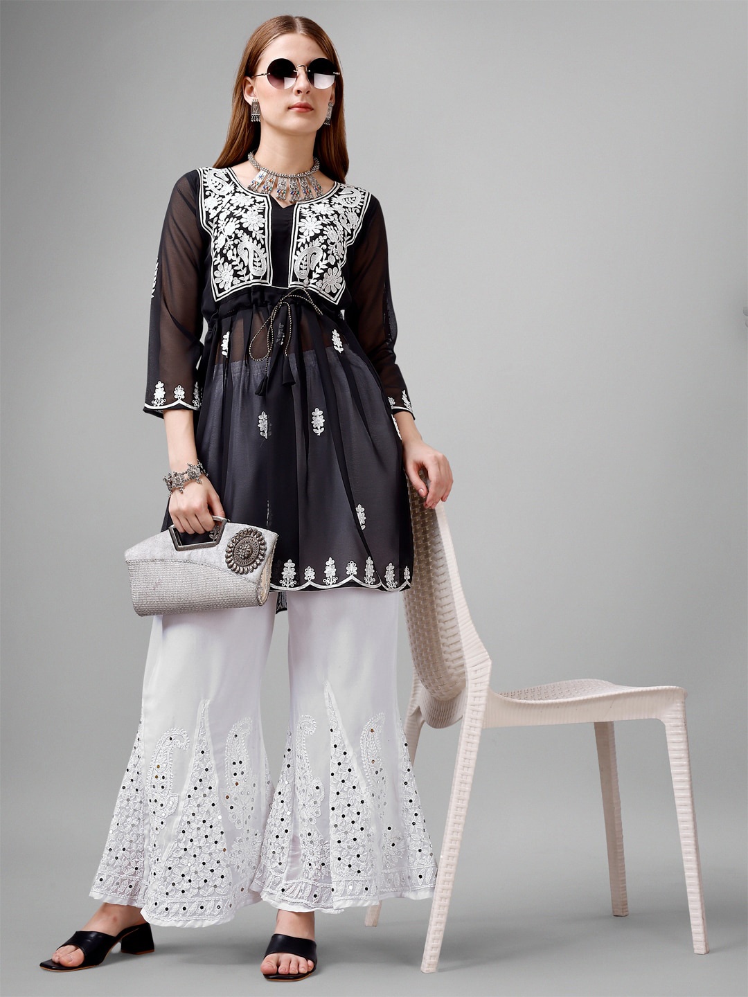

wearial Floral Embroidered Chikankari Pure Georgette A-Line Kurti, Black