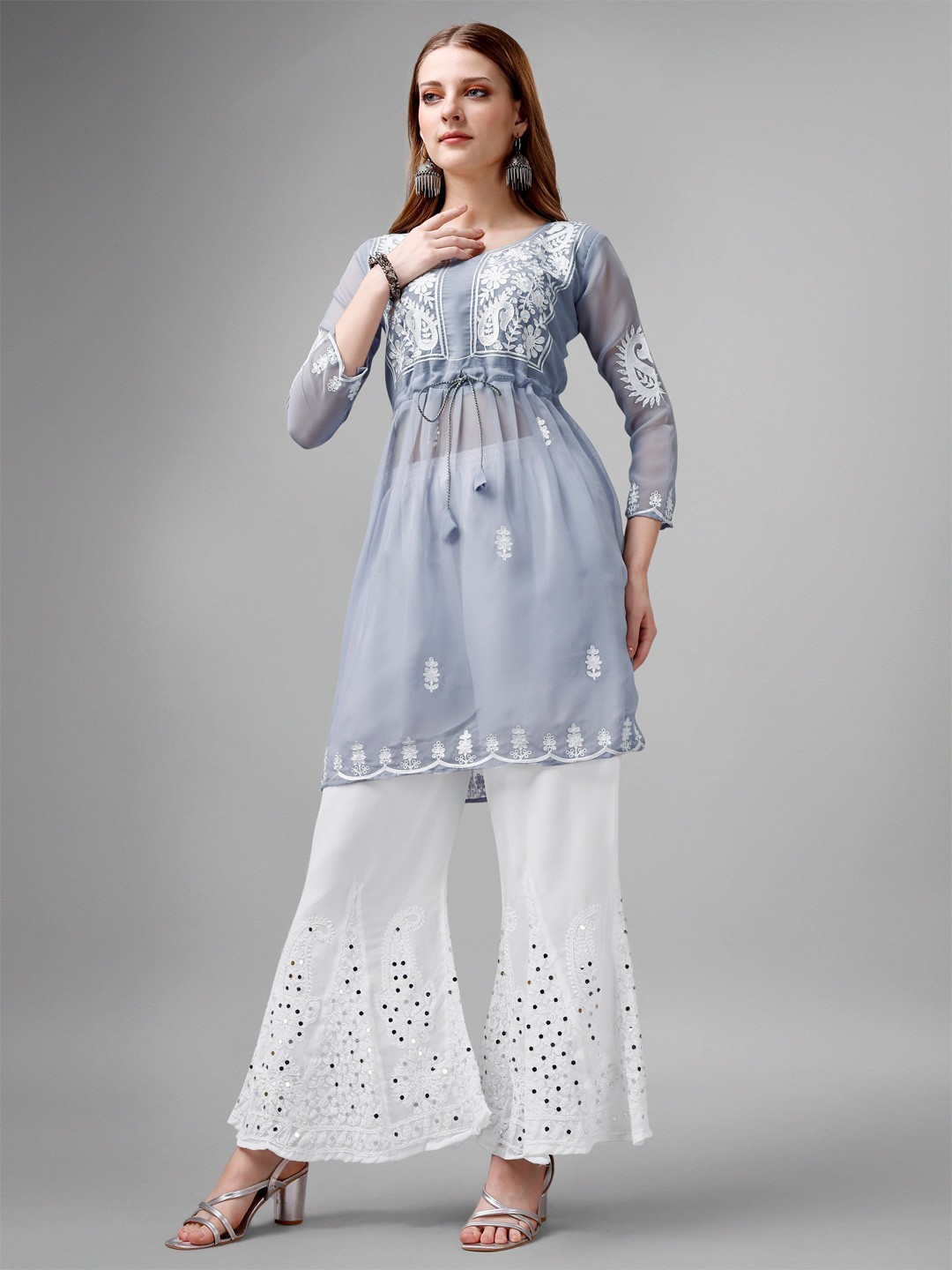 

wearial Floral Embroidered Chikankari Pure Georgette A-Line Kurti, Grey