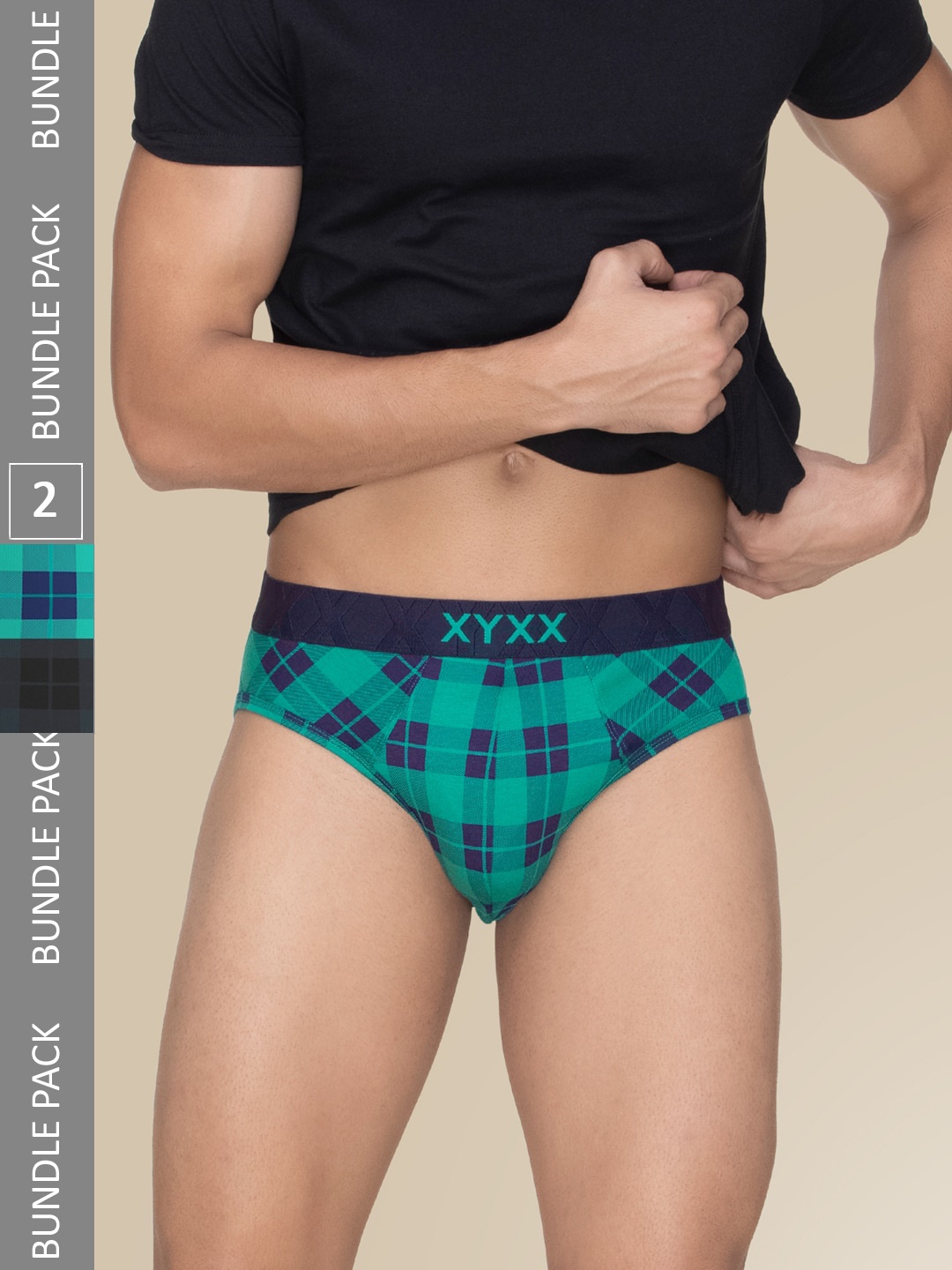 

XYXX Pack Of 2 Mid-Rise Checked Anti Microbial Basic Briefs XYBRF2PCKN743, Black