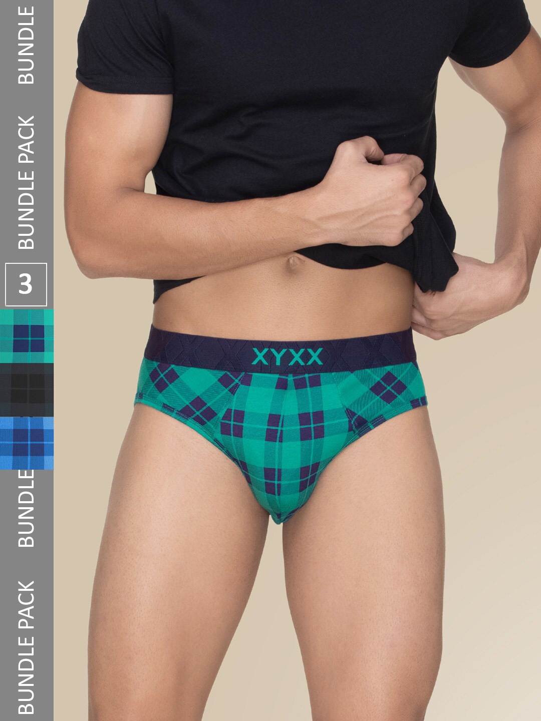 

XYXX Pack Of 3 Mid-Rise Anti-Microbial Checked Basic Briefs XYBRF3PCKN962, Navy blue