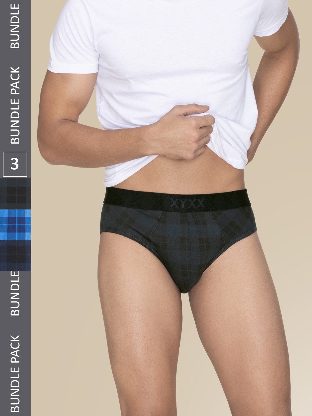 

XYXX Pack Of 3 Mid-Rise Checked Anti Microbial Basic Briefs XYBRF3PCKN958, Black