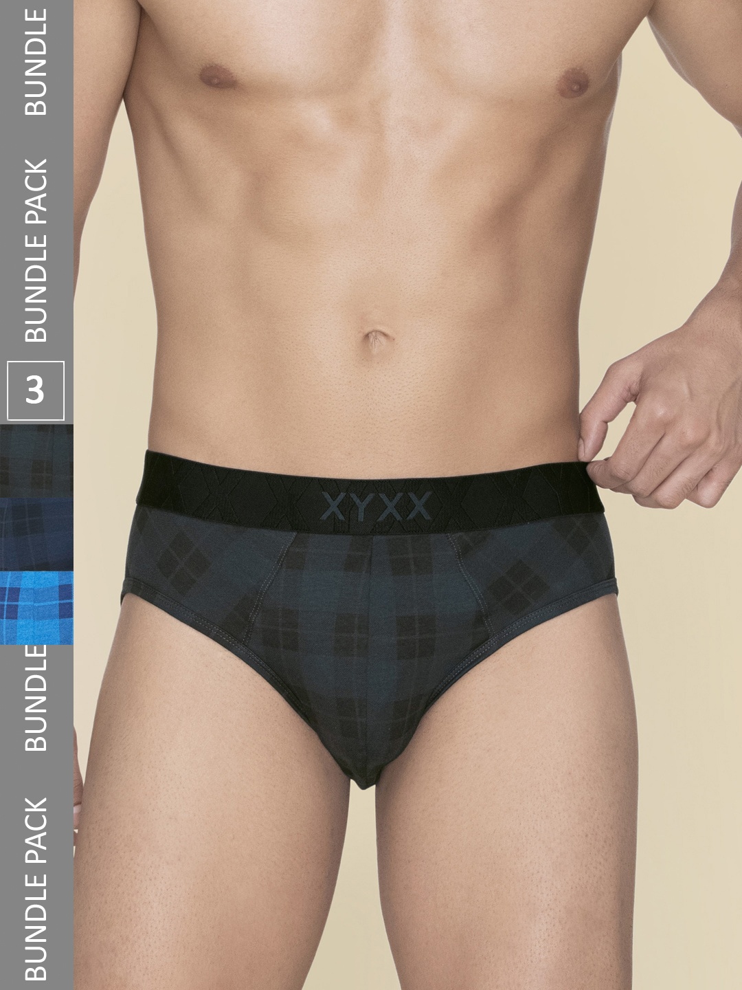 

XYXX Pack Of 3 Checked Mid-Rise Basic Anti-Microbial Briefs XYBRF3PCKN958, Blue
